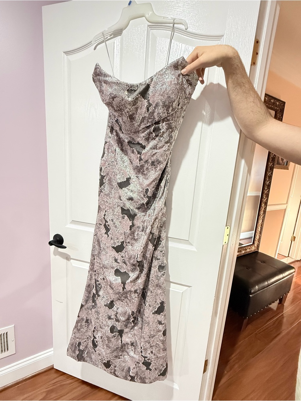 Light pink and silver Strapless Maxi Dress in Dusty Rose and Black